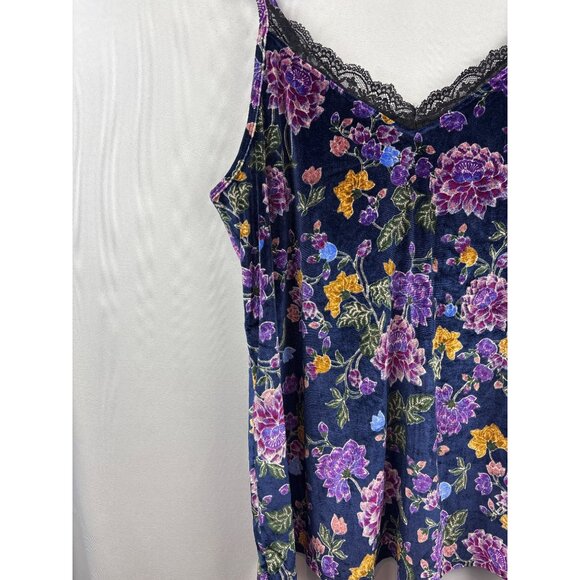 Women’s Torrid Size 1XL Blue & Multicolored Floral Printed Velvet Tank with Lace - Picture 3 of 5